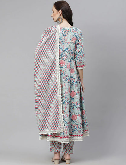 Blue Cotton Kurta Set with Trousers & Dupatta Floral Print Kurtas Set For Women