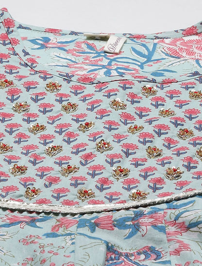 Blue Cotton Kurta Set with Trousers & Dupatta Floral Print Kurtas Set For Women