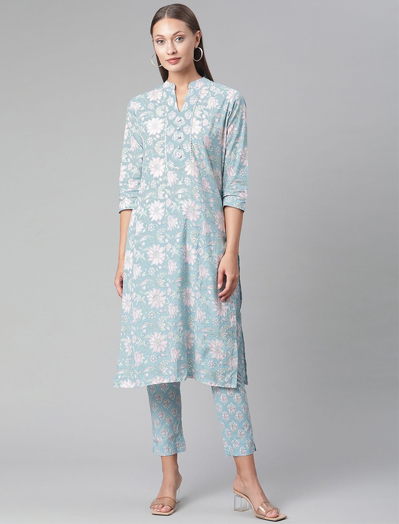 Turquoise Blue Cotton Ethnic Women Kurta Set With Printed Trousers