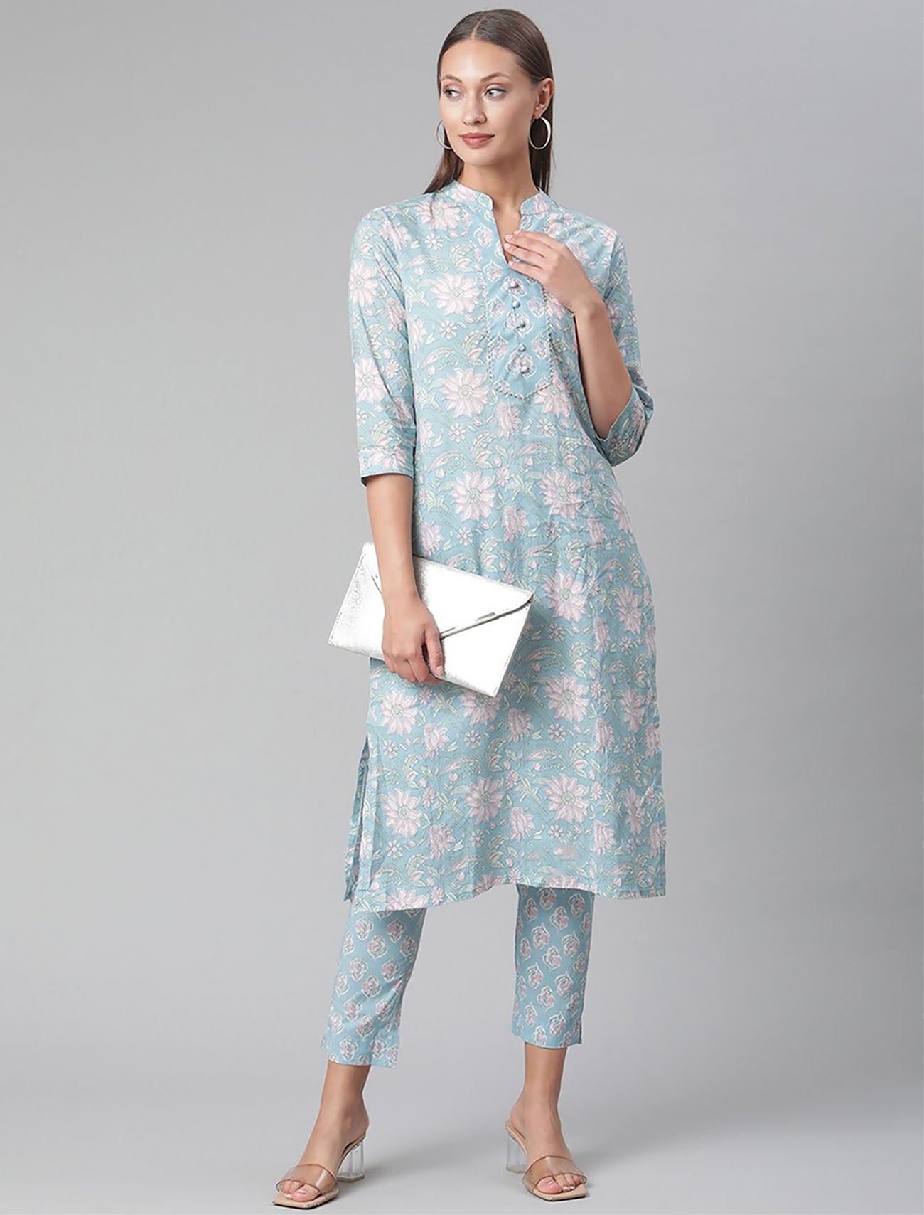 Turquoise Blue Cotton Ethnic Women Kurta Set With Printed Trousers