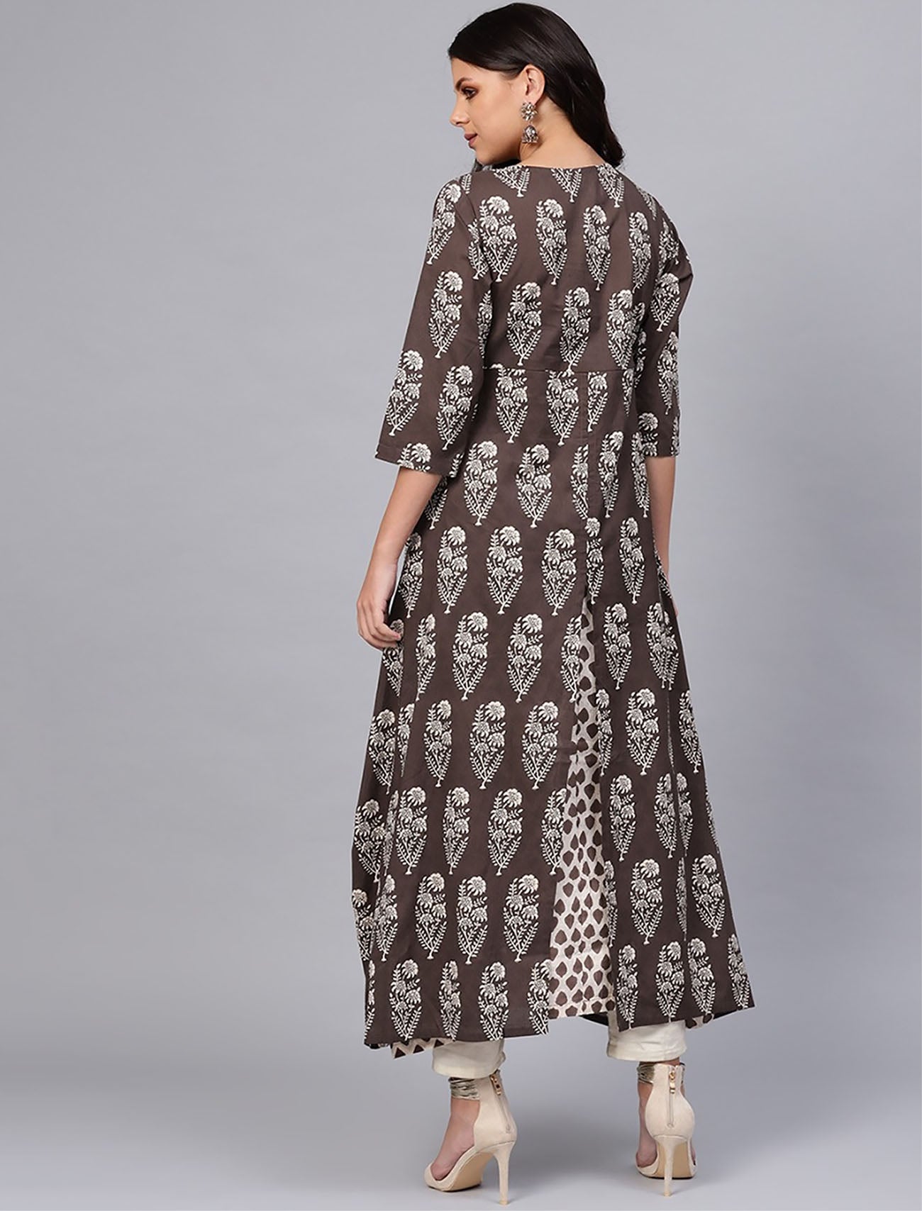 Brown & Off-White Printed Layered A-Line Divena Kurta For Women