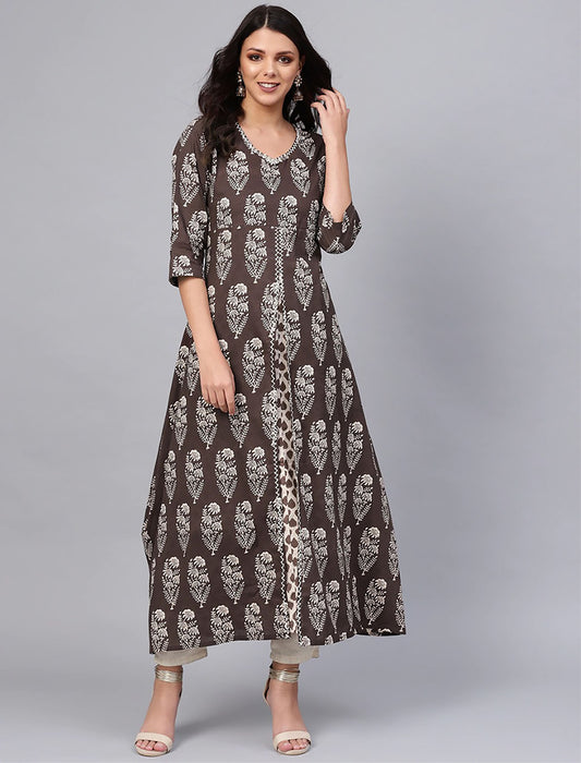 Brown & Off-White Printed Layered A-Line Divena Kurta For Women