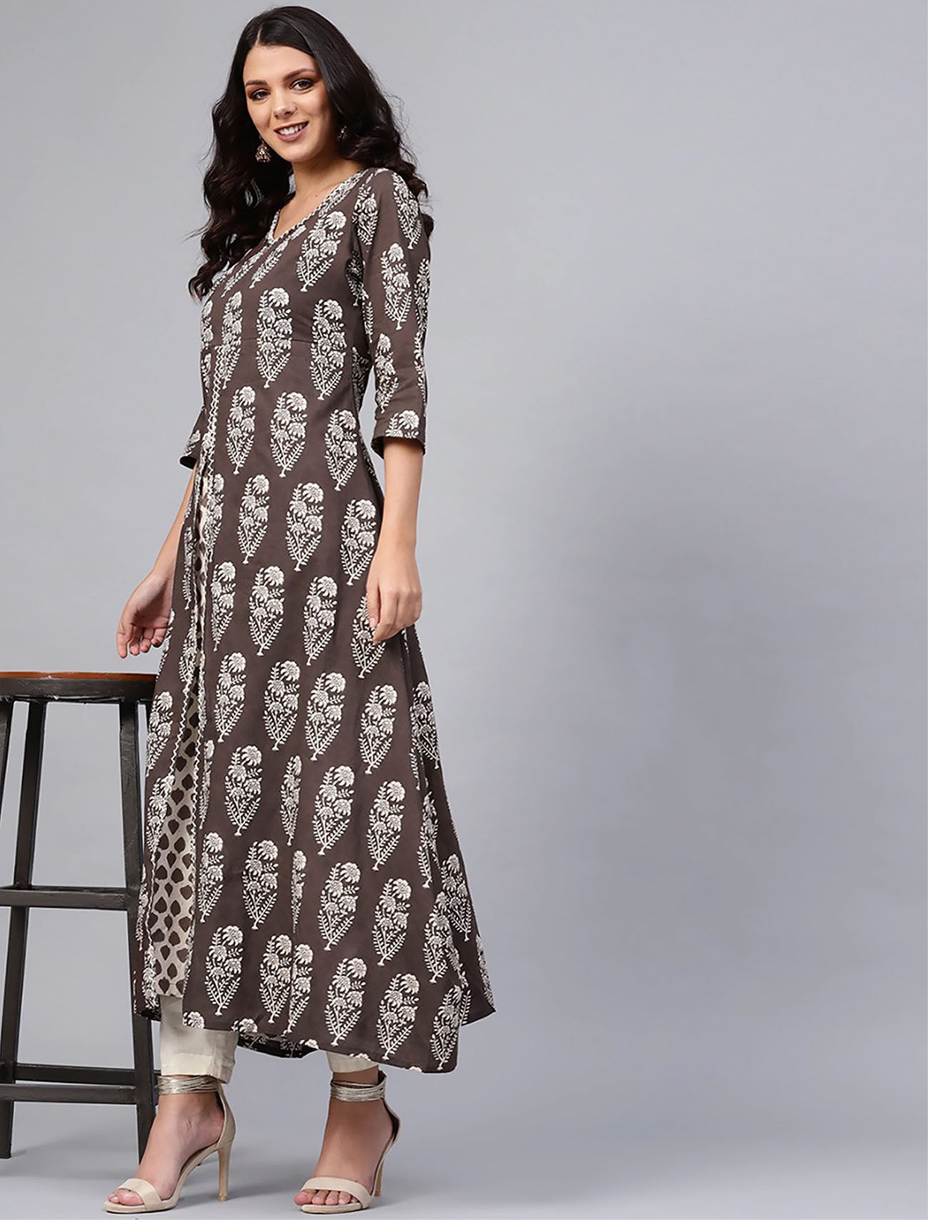 Brown & Off-White Printed Layered A-Line Divena Kurta For Women