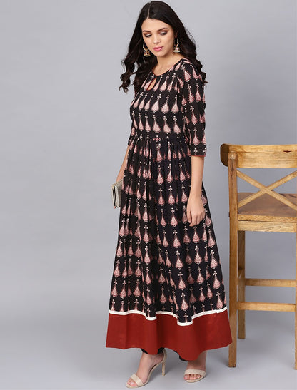 Black & Red Printed Anarkali Kurta For Women