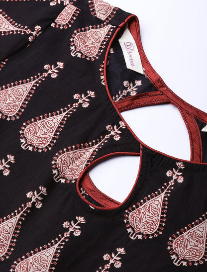 Black & Red Printed Anarkali Kurta For Women