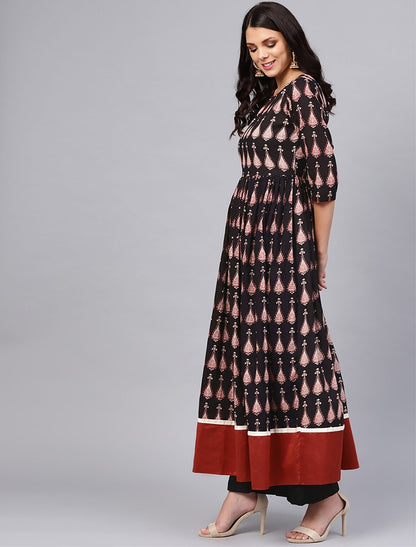 Black & Red Printed Anarkali Kurta For Women