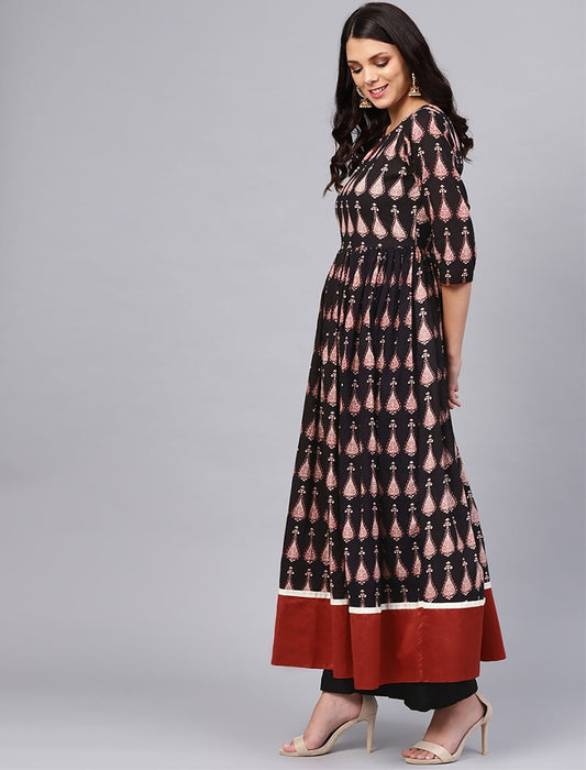 Black & Red Printed Anarkali Divena Kurta For Women