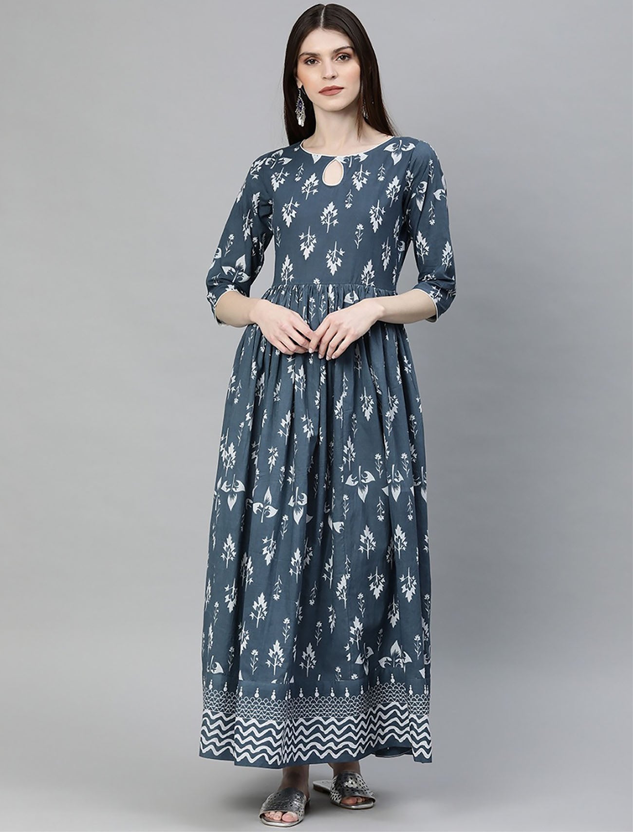 Teal Blue and White Printed Anarkali Divena Kurta For Women