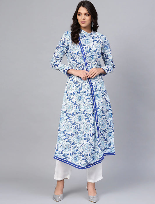 Off-white and Blue Printed A-line Divena Kurta For Women