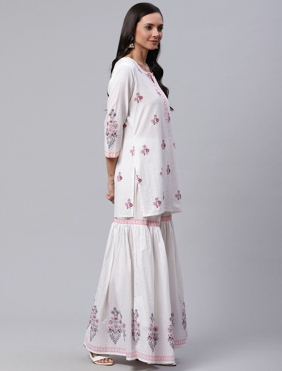 White Cotton Ethnic Women Kurta Set with Red Printed Sharara and Dupatta