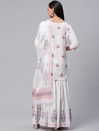 White Cotton Ethnic Women Kurta Set with Red Printed Sharara and Dupatta
