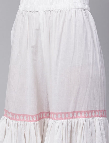 White Cotton Ethnic Women Kurta Set with Red Printed Sharara and Dupatta