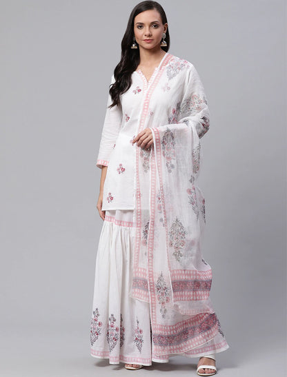 White Cotton Ethnic Women Kurta Set with Red Printed Sharara and Dupatta