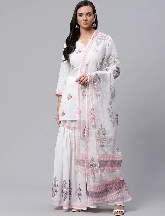 White Cotton Ethnic Women Kurta Set with Red Printed Sharara and Dupatta