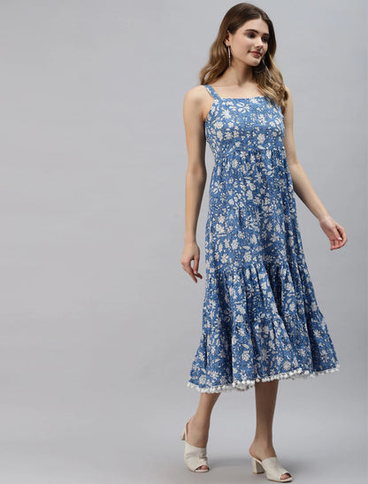 Blue Ethnic Motifs Print A-Line Party Wear Dress For Women