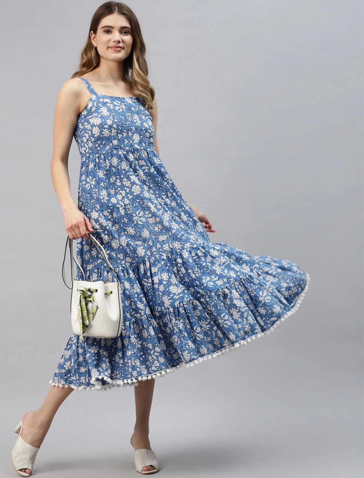 Blue and White Ethnic Motifs Print A-Line Divena Dress For Women