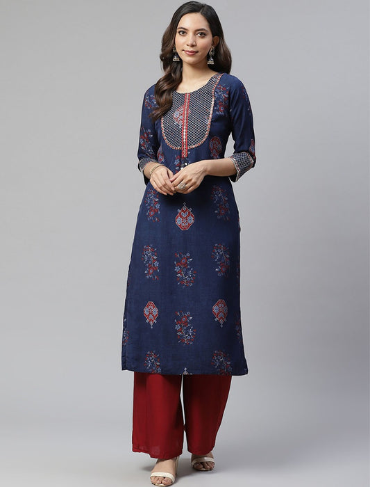 Navy Blue & Red Printed Divena Kurta For Women