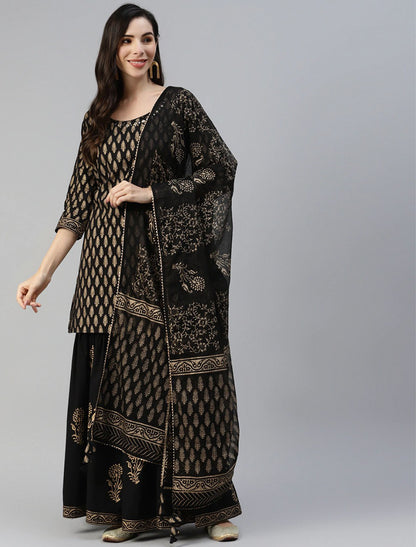 Black Women Ethnic Kurti with Sharara Dupatta For Women