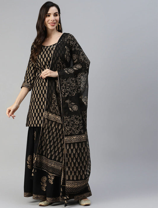 Black Women Ethnic Kurti with Sharara & With Dupatta For Women