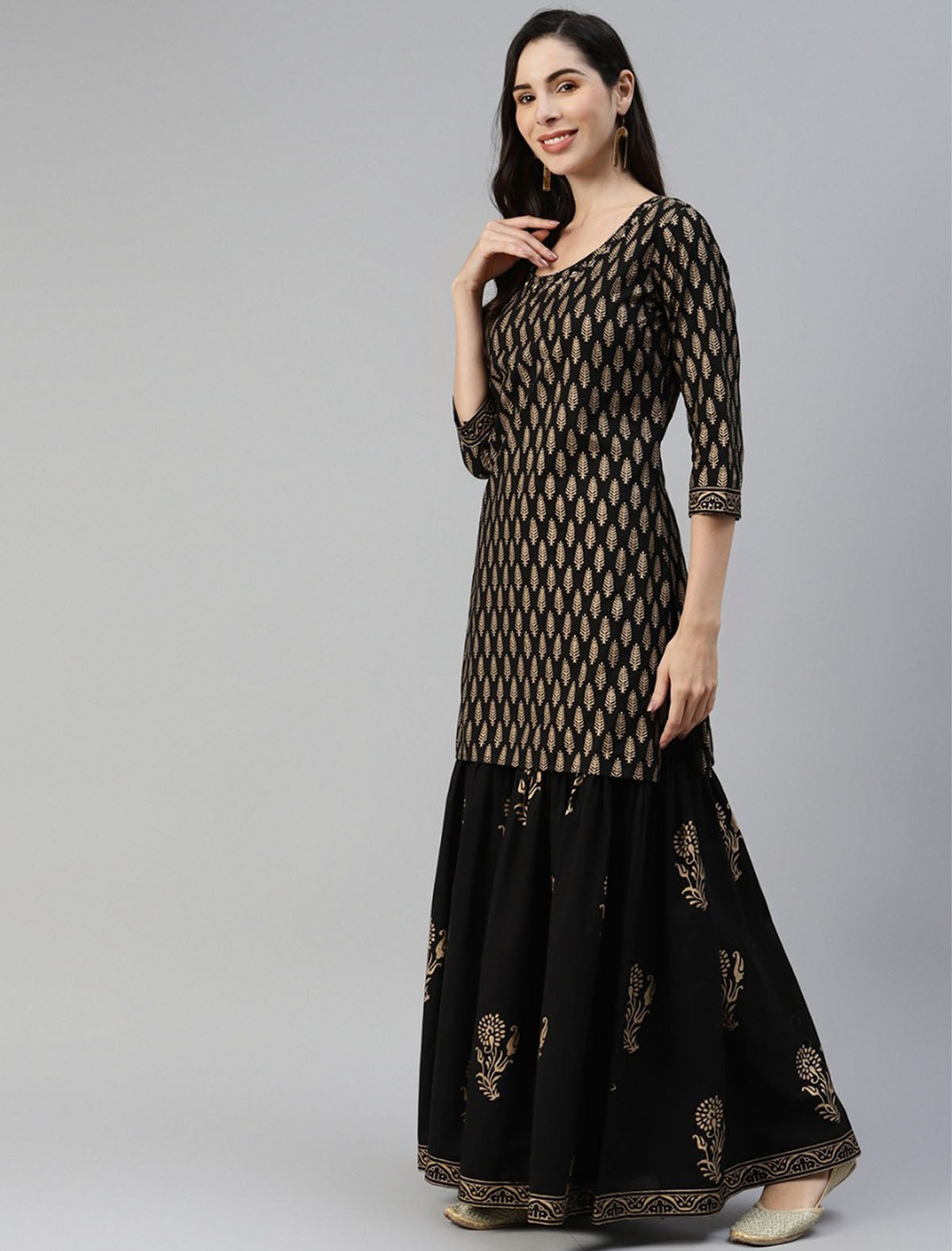 Black Women Ethnic Kurti with Sharara & With Dupatta For Women