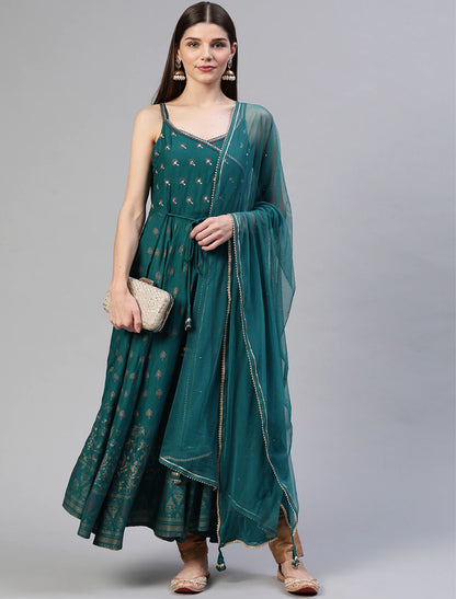 Teal Green Floral Printed Anarkali Ethnic Kurta For Women