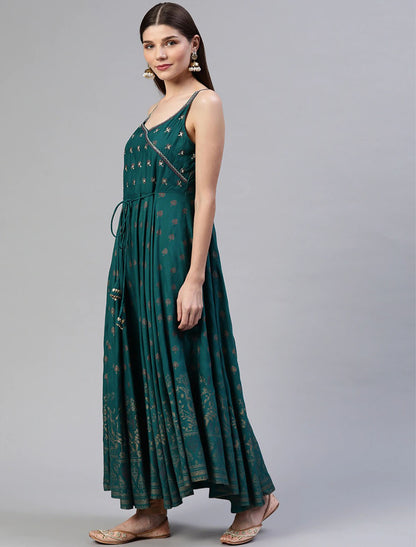 Teal Green Floral Printed Anarkali Ethnic Kurta For Women