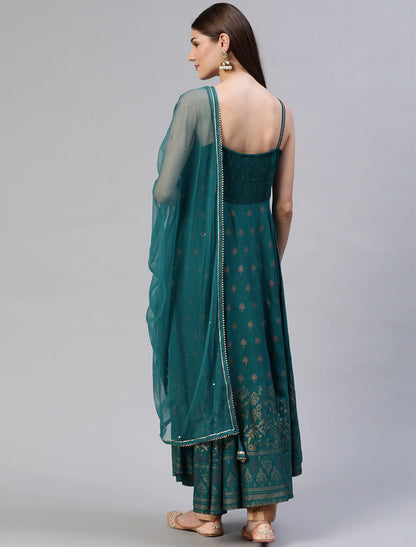 Teal Green Floral Printed Anarkali Ethnic Kurta For Women