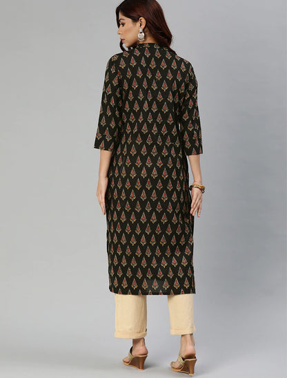 Black and Red Printed Straight Ethnic Kurta For Women