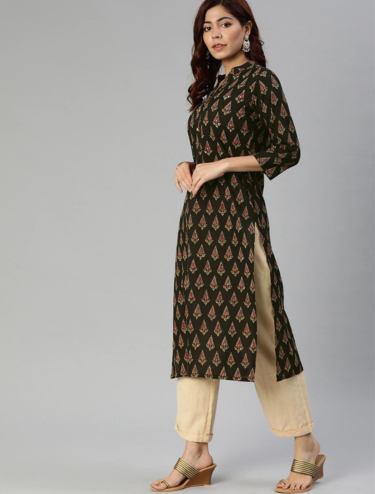 Black and Red Printed Straight Divena Kurta For Women