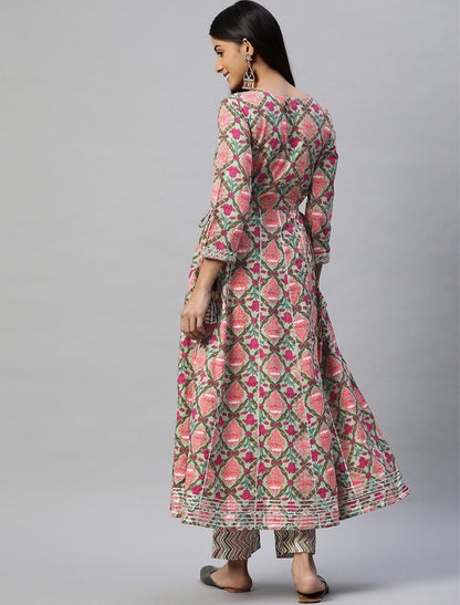 Green and Pink Printed Ethnic Kurta Sets With Trousers