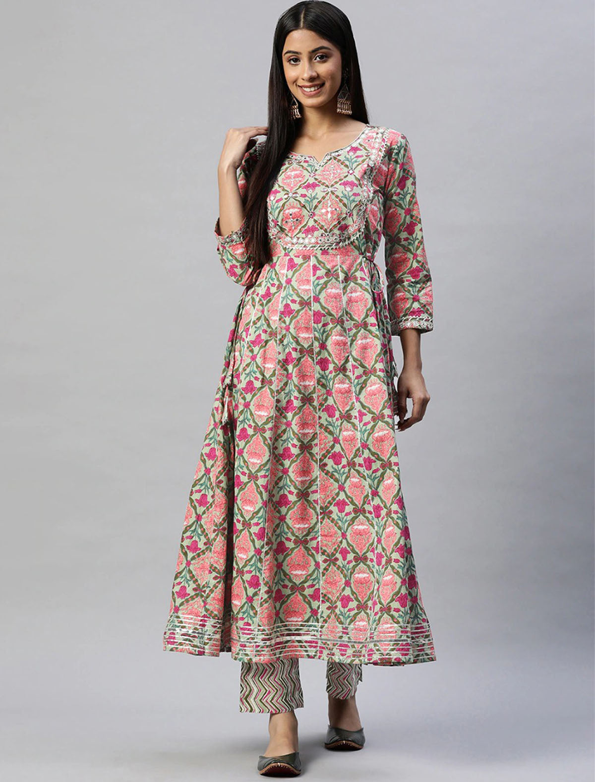 Green and Pink Printed Ethnic Kurta Sets With Trousers For Women