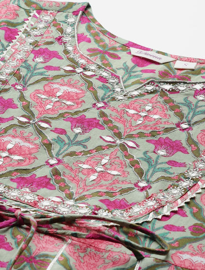 Green and Pink Printed Ethnic Kurta Sets With Trousers