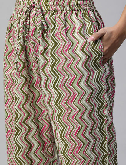 Green and Pink Printed Ethnic Kurta Sets With Trousers