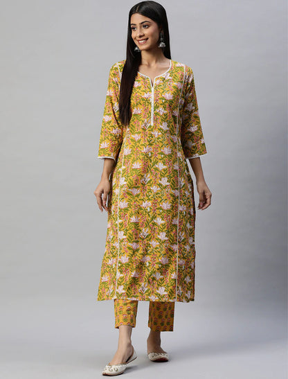 Women Yellow Floral Printed Pure Cotton Ethnic Kurta Set