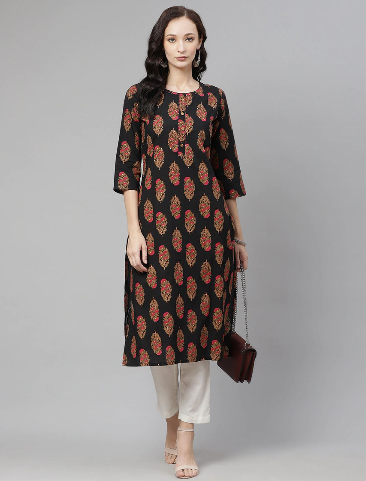 Black & Pink Paisley Printed Pure Cotton Straight Divena Kurta For Women