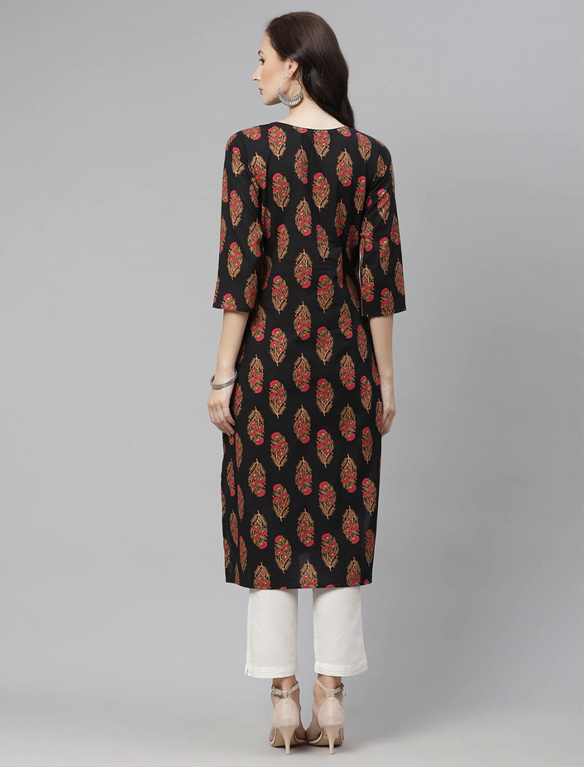 Black & Pink Paisley Printed Pure Cotton Straight Divena Kurta For Women