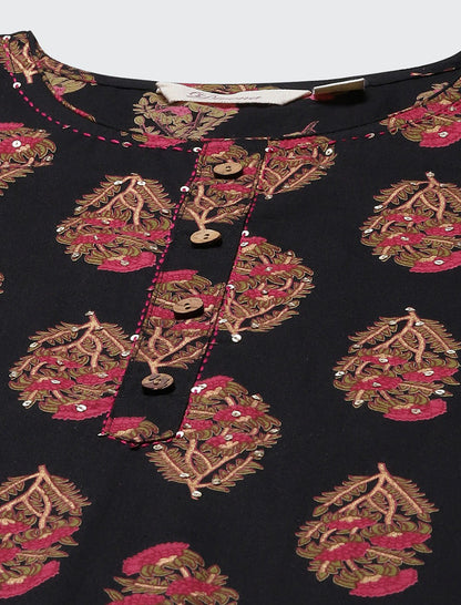 Black Paisley Printed Ethnic Cotton Straight Kurta