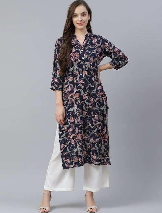 Navy Blue Ethnic Motifs Print Divena Kurta For Women