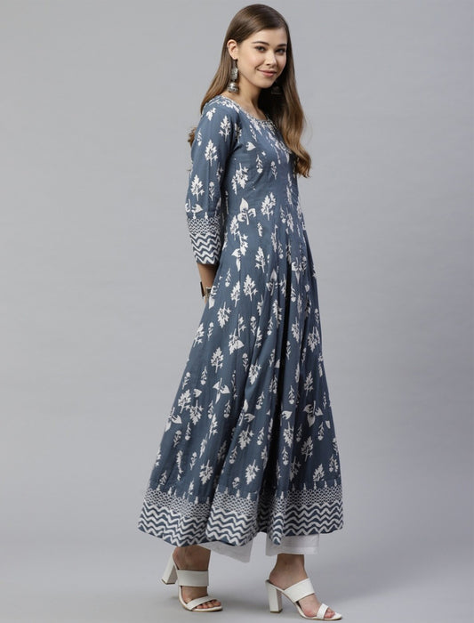 Grey and White Printed Anarkali Divena Kurta For Women