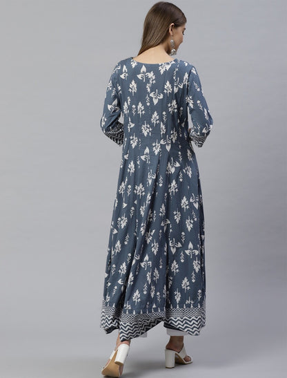 Grey and White Printed Anarkali Divena Kurta For Women