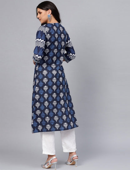 Navy Blue and Off-White A-Line Ethnic Kurta For Women