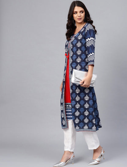 Navy Blue and Off-White A-Line Ethnic Kurta For Women