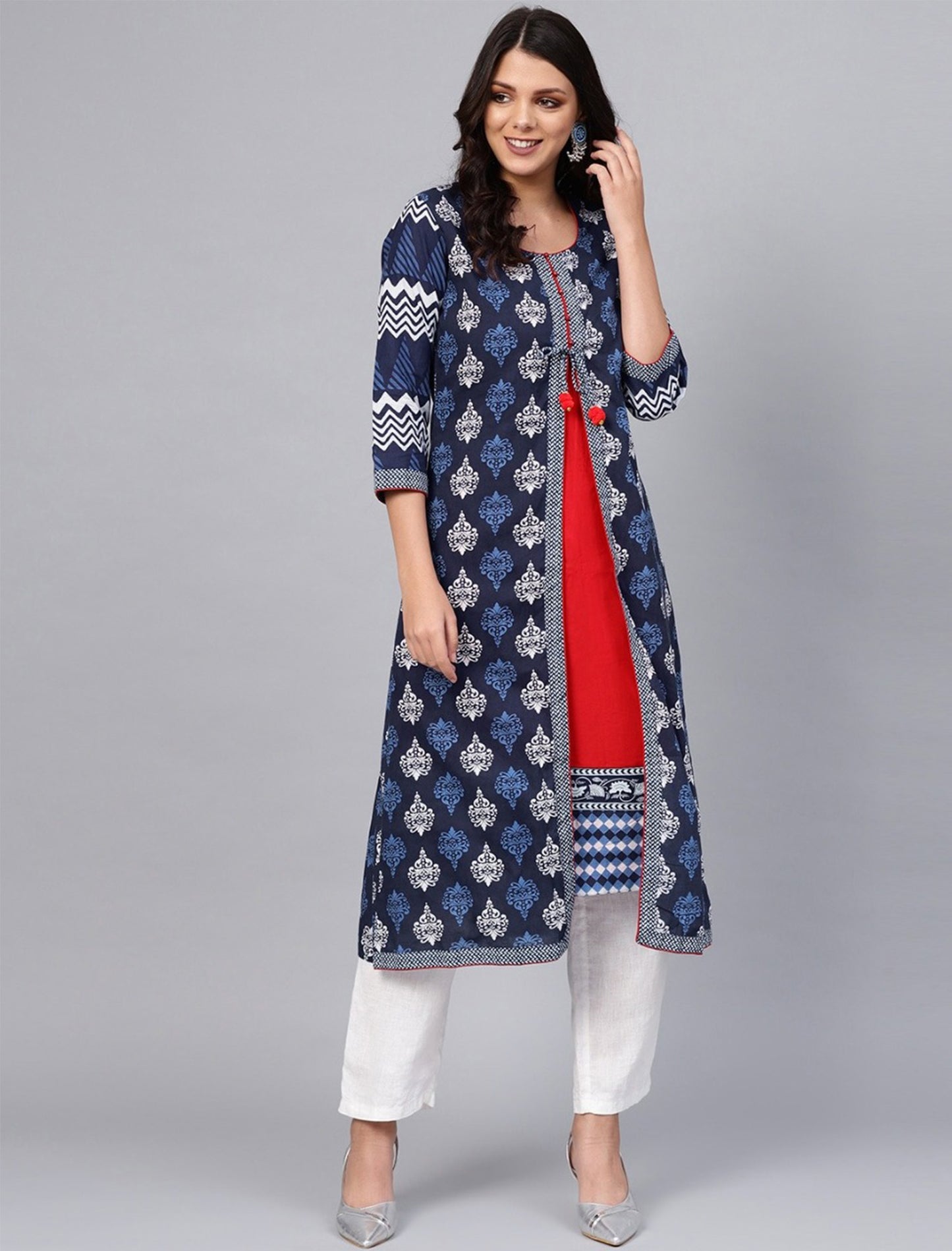 Navy Blue and Off-White A-Line Divena Kurta For Women