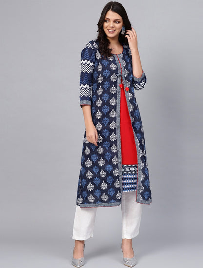 Navy Blue and Off-White A-Line Ethnic Kurta For Women
