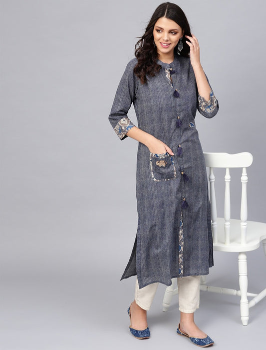 Navy Blue and Beige Printed Straight Divena Kurta For Women