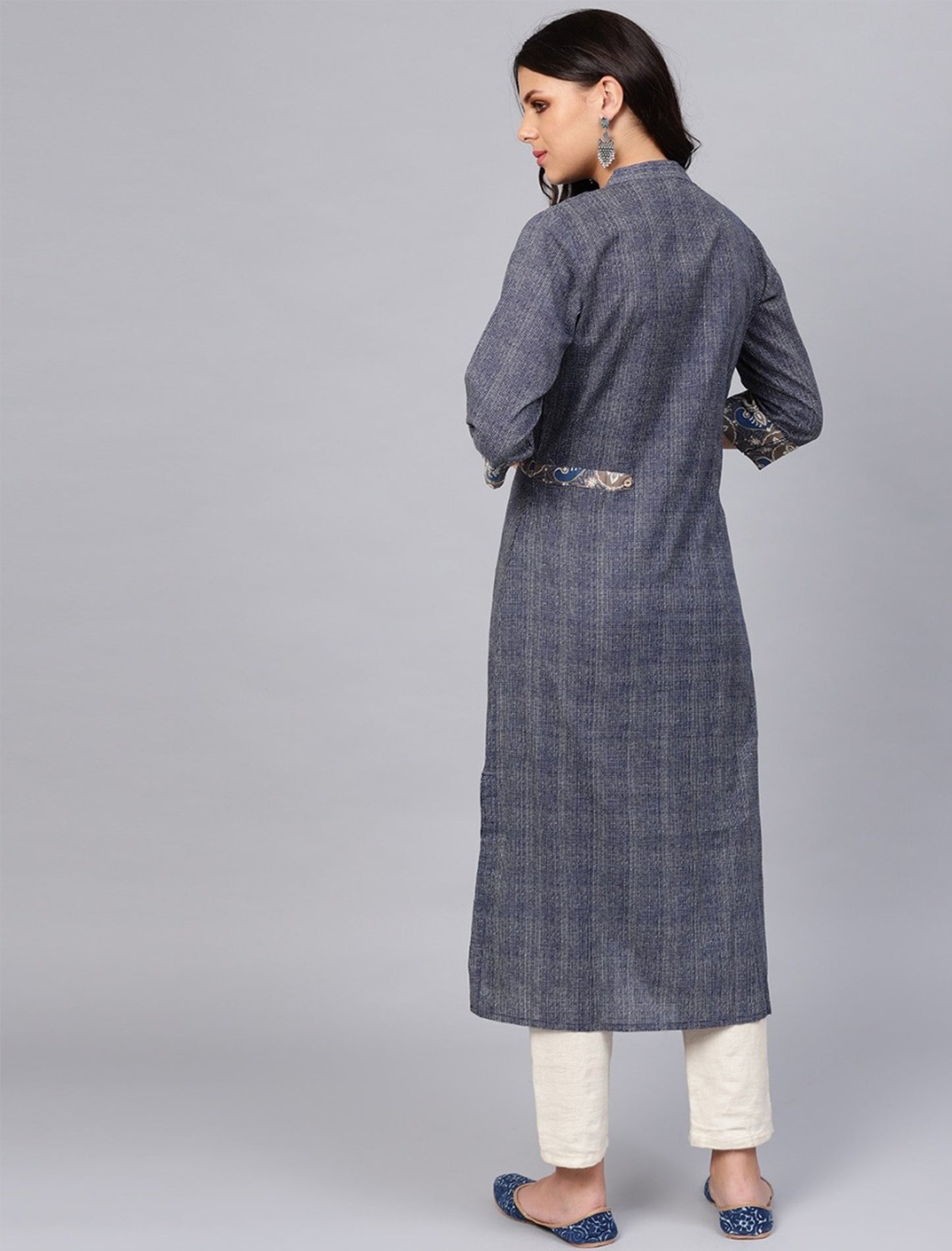 Navy Blue and Beige Printed Straight Divena Kurta For Women