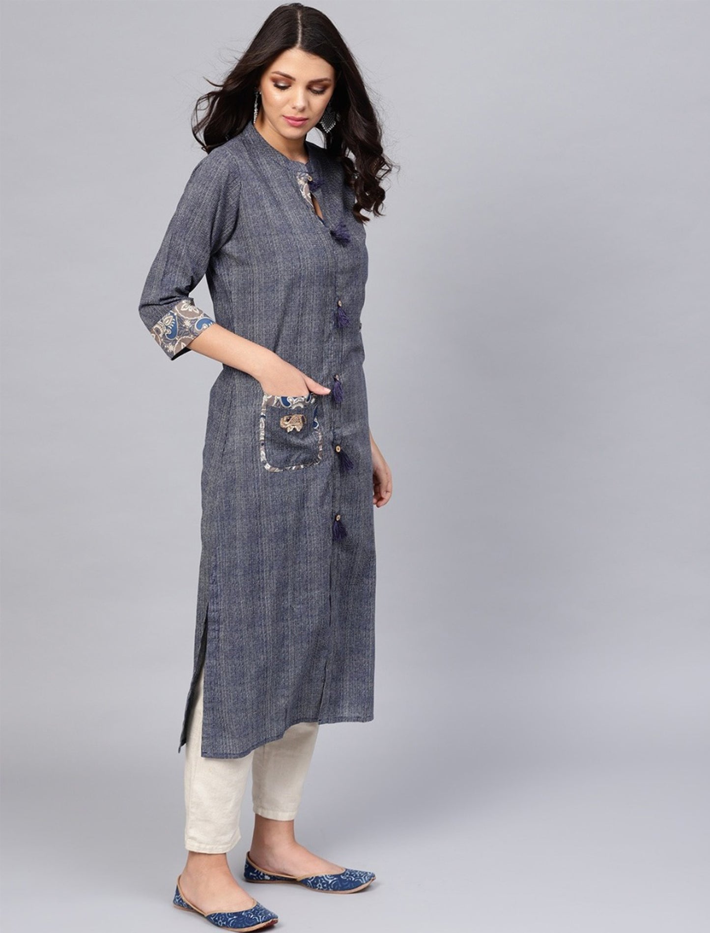 Navy Blue and Beige Printed Straight Divena Kurta For Women