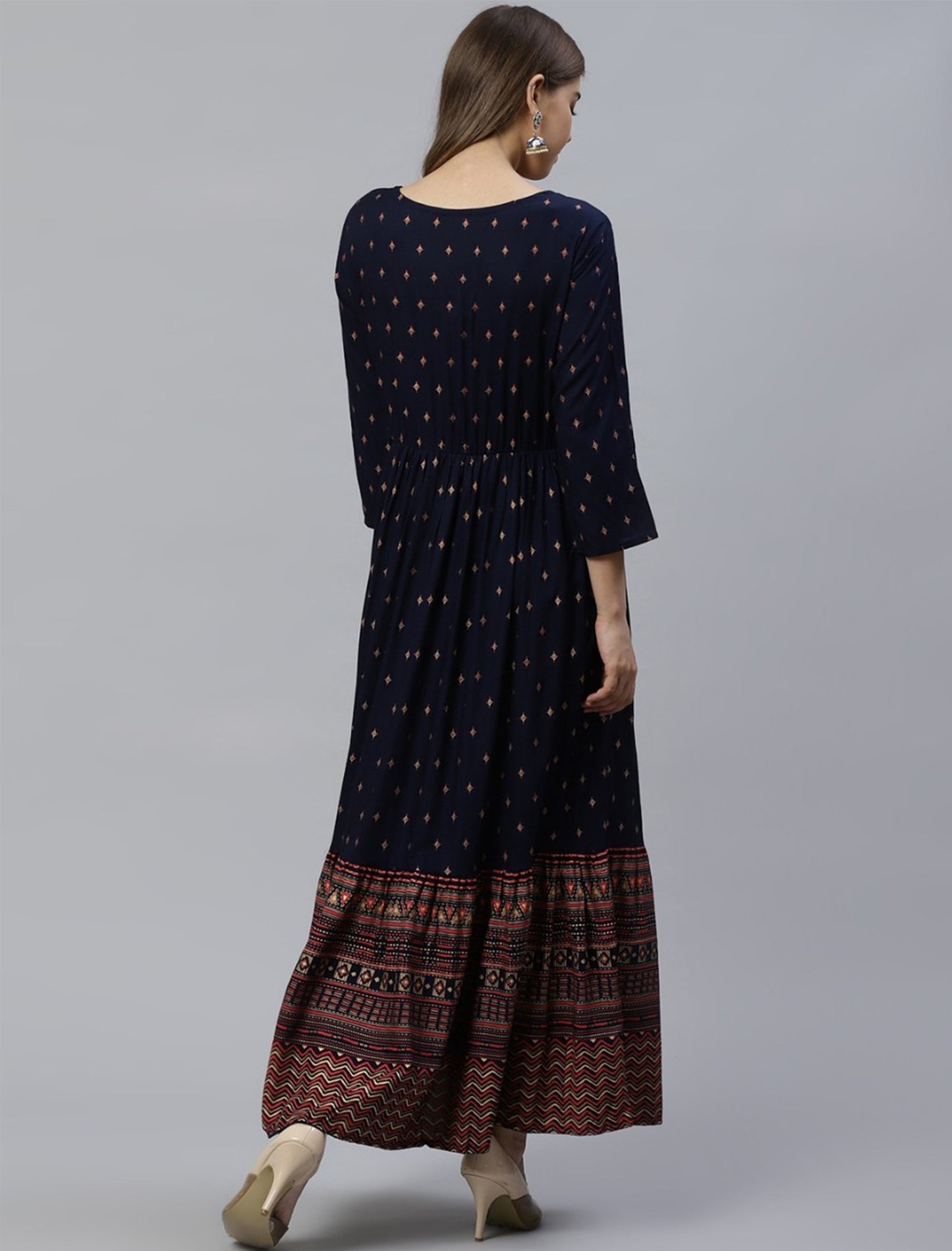 Navy Blue & Golden Printed Layered A-Line Divena Kurta For Women