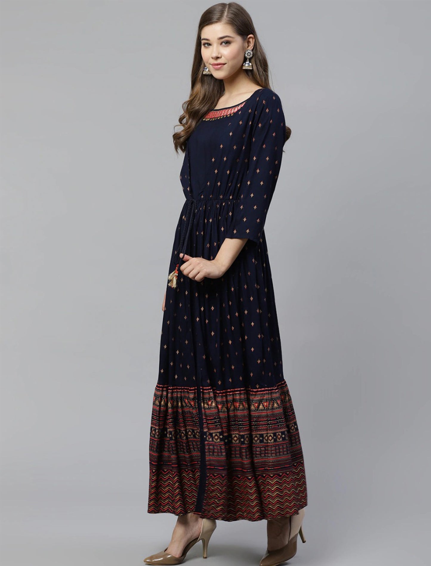 Navy Blue & Golden Printed Layered A-Line Divena Kurta For Women