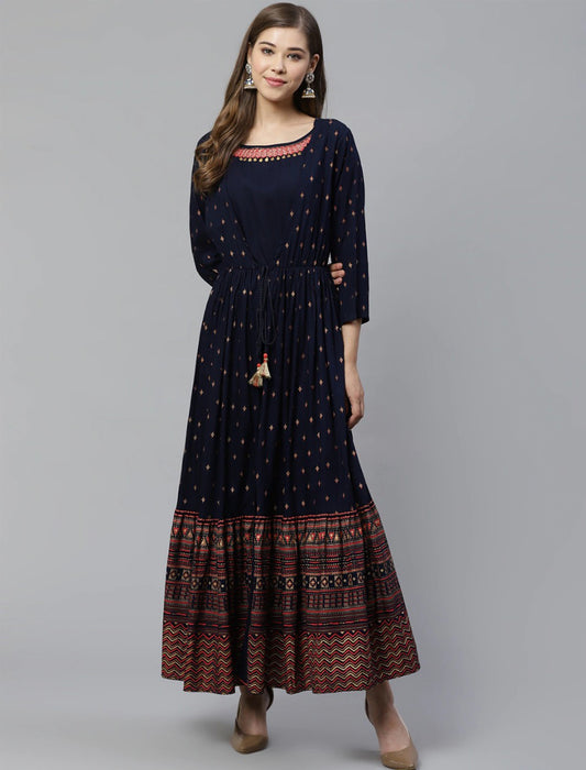 Navy Blue & Golden Printed Layered A-Line Divena Kurta For Women